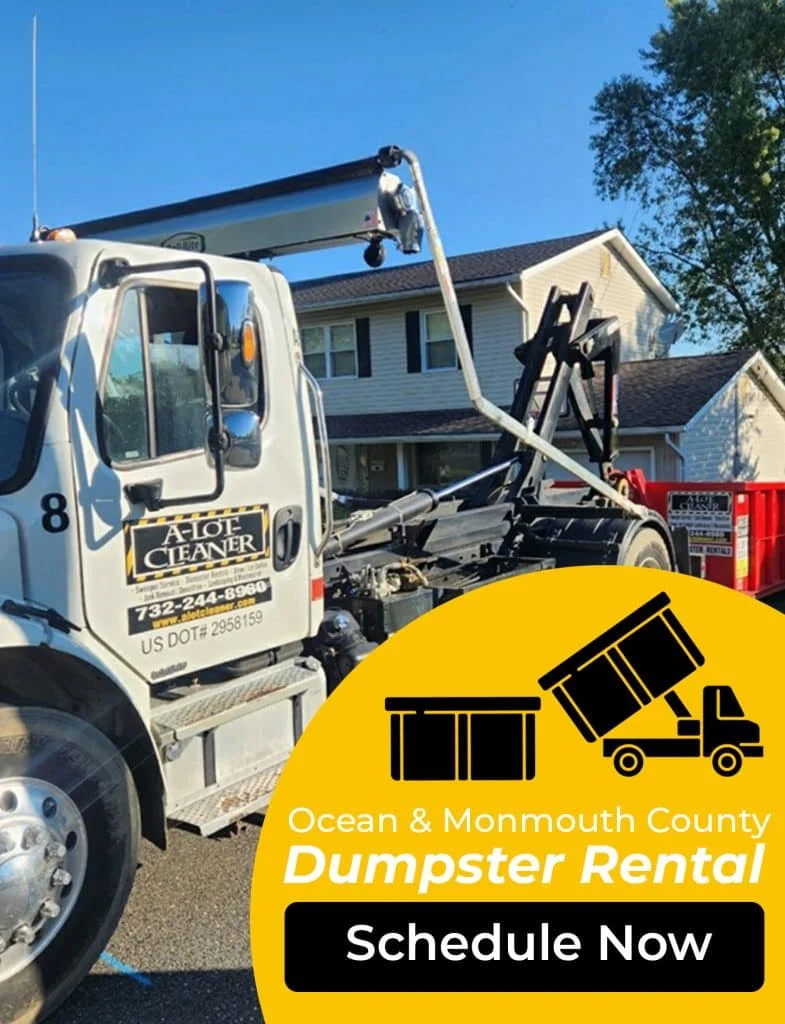 A white roll-off truck in a residential area with a yellow graphic overlay showing a truck unloading a dumpster.
